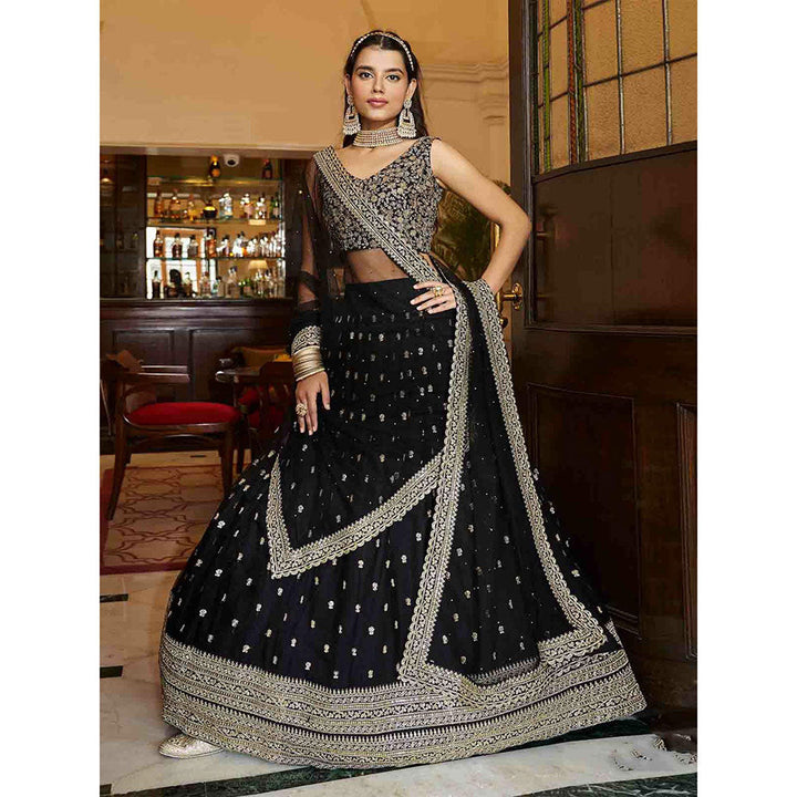 Odette Black Embroidered Net Semi Stitched Lehenga with Unstitched Blouse and Dupatta (Set of 3)