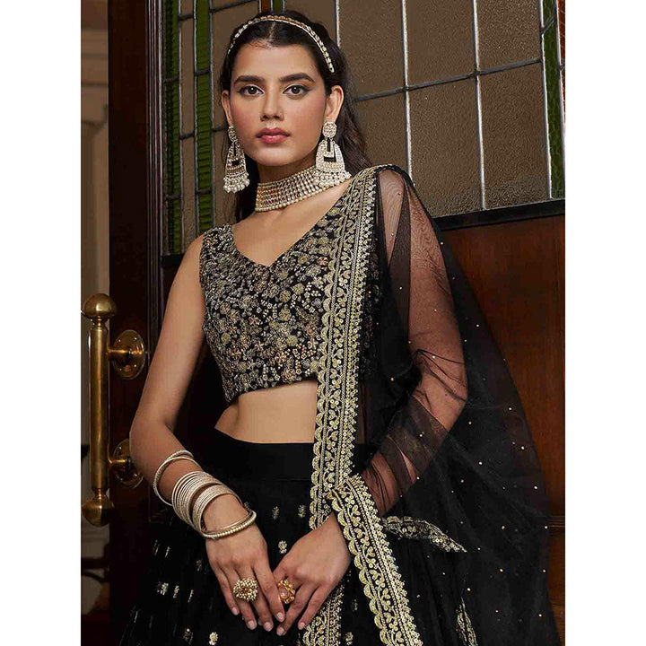 Odette Black Embroidered Net Semi Stitched Lehenga with Unstitched Blouse and Dupatta (Set of 3)