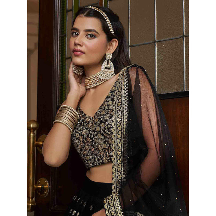 Odette Black Embroidered Net Semi Stitched Lehenga with Unstitched Blouse and Dupatta (Set of 3)