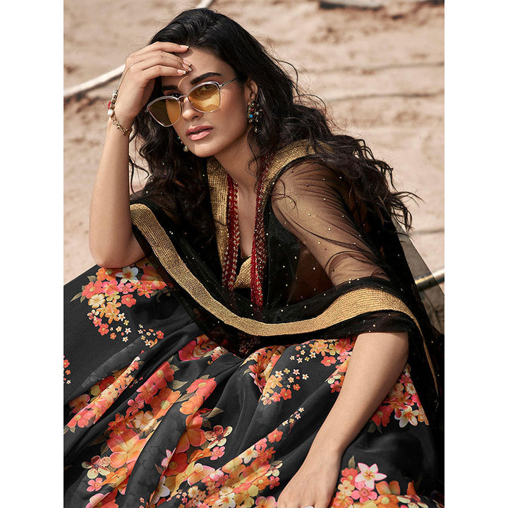 Odette Black Floral Printed Semi Stitched Lehenga with Unstitched Blouse and Dupatta (Set of 3)