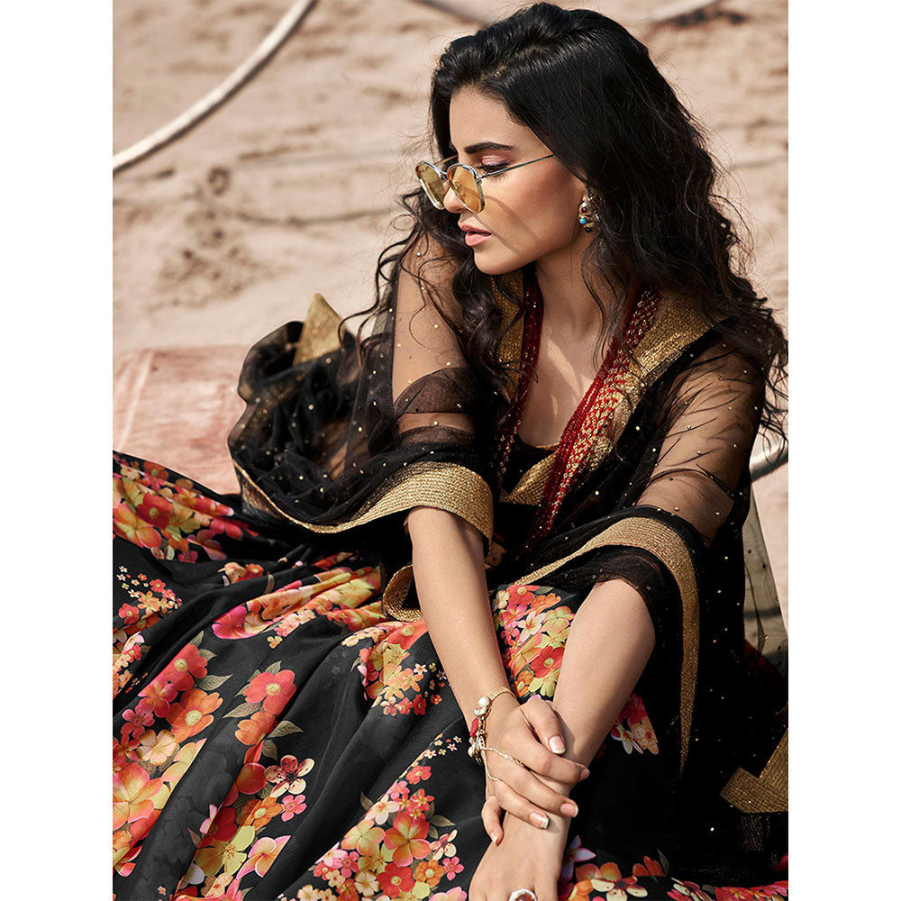 Odette Black Floral Printed Semi Stitched Lehenga with Unstitched Blouse and Dupatta (Set of 3)