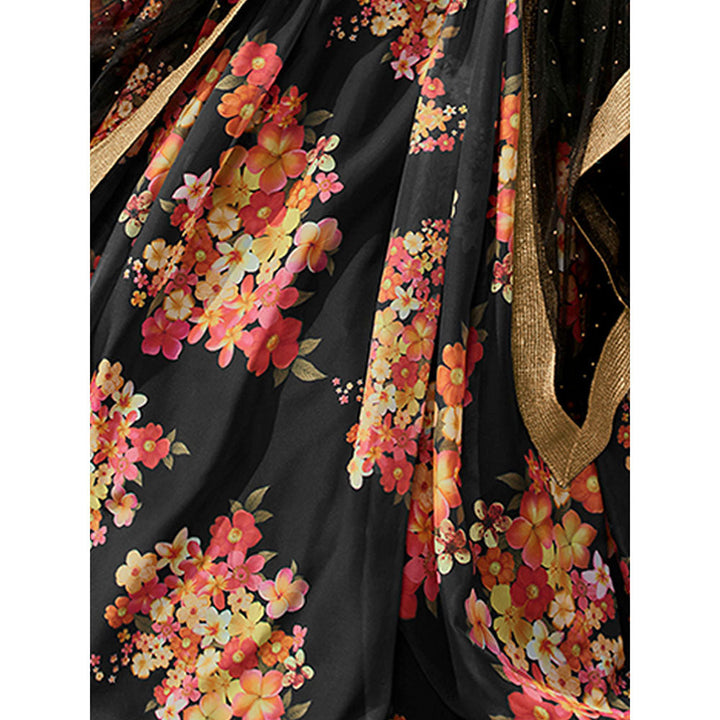 Odette Black Floral Printed Semi Stitched Lehenga with Unstitched Blouse and Dupatta (Set of 3)