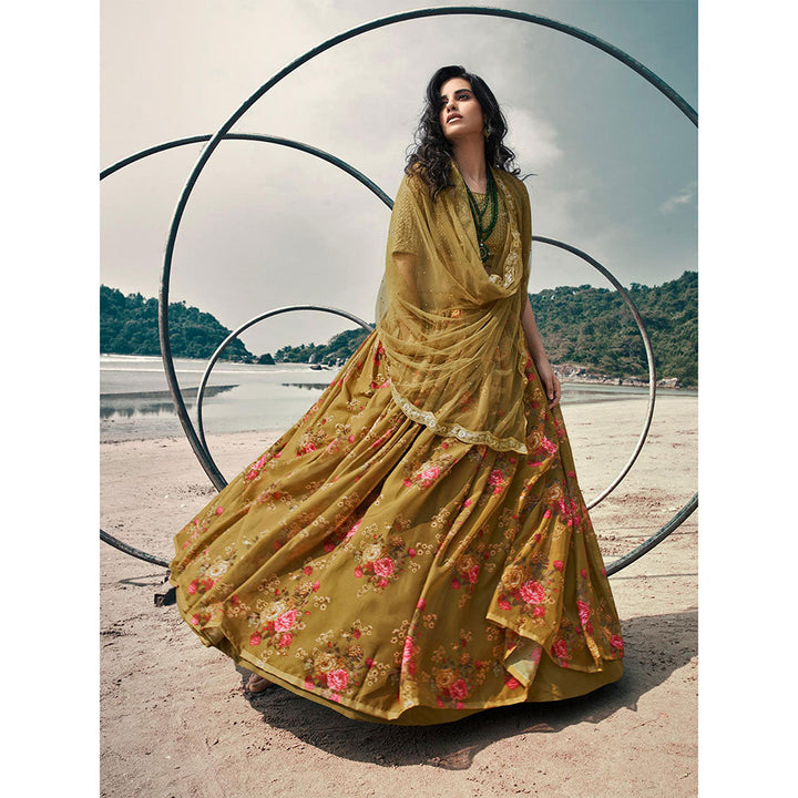 Odette Olive Floral Printed Semi Stitched Lehenga with Unstitched Blouse and Dupatta (Set of 3)