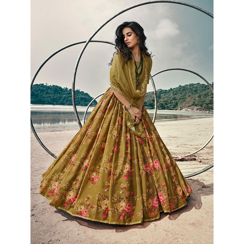 Odette Olive Floral Printed Semi Stitched Lehenga with Unstitched Blouse and Dupatta (Set of 3)