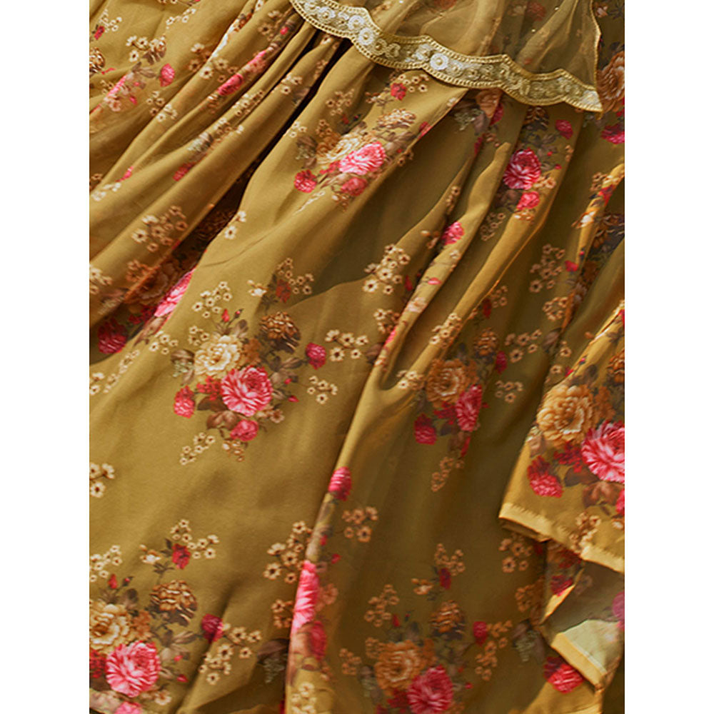 Odette Olive Floral Printed Semi Stitched Lehenga with Unstitched Blouse and Dupatta (Set of 3)