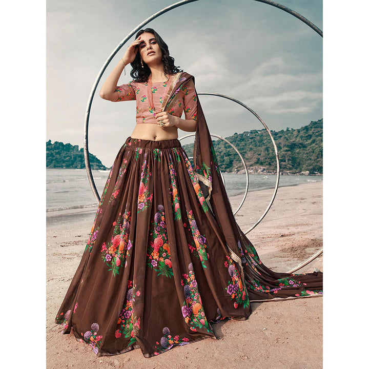 Odette Brown Floral Printed Semi Stitched Lehenga with Unstitched Blouse and Dupatta (Set of 3)