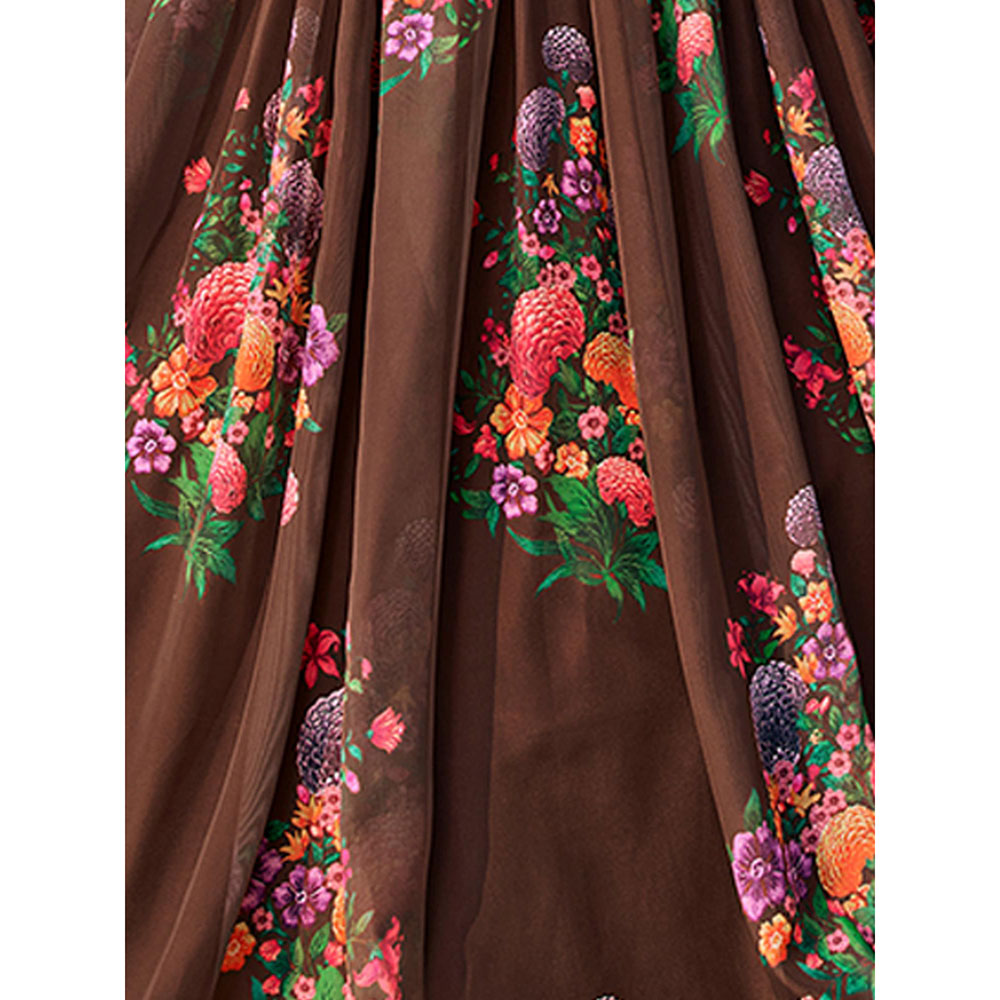 Odette Brown Floral Printed Semi Stitched Lehenga with Unstitched Blouse and Dupatta (Set of 3)