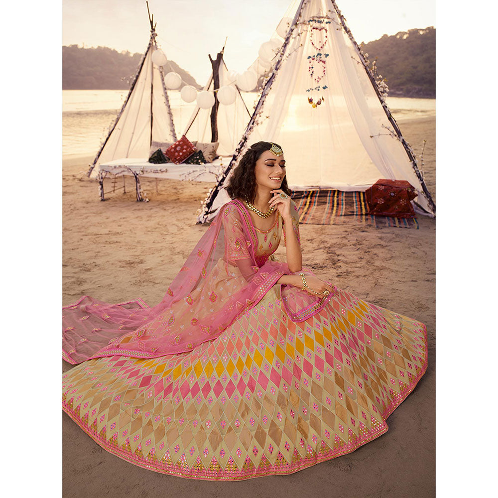 Odette Beige Embroidered Semi Stitched Lehenga with Unstitched Blouse and Dupatta (Set of 3)