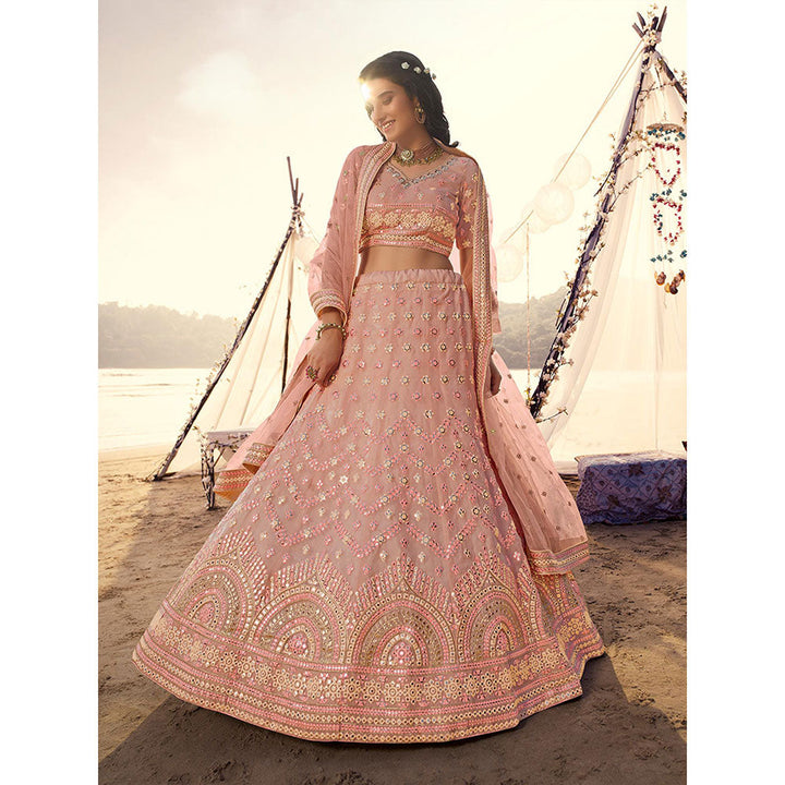 Odette Peach Embroidered Semi Stitched Lehenga with Unstitched Blouse and Dupatta (Set of 3)