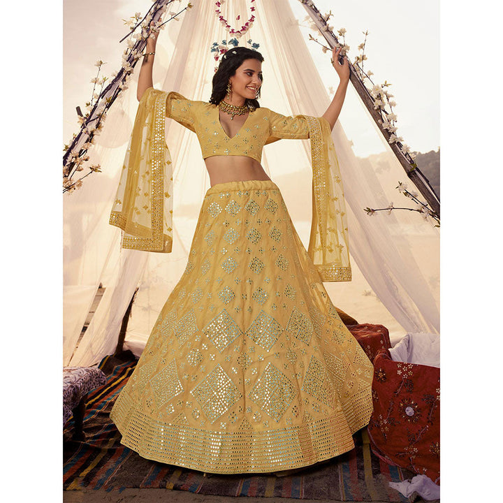 Odette Mustard Embroidered Semi Stitched Lehenga with Unstitched Blouse and Dupatta (Set of 3)