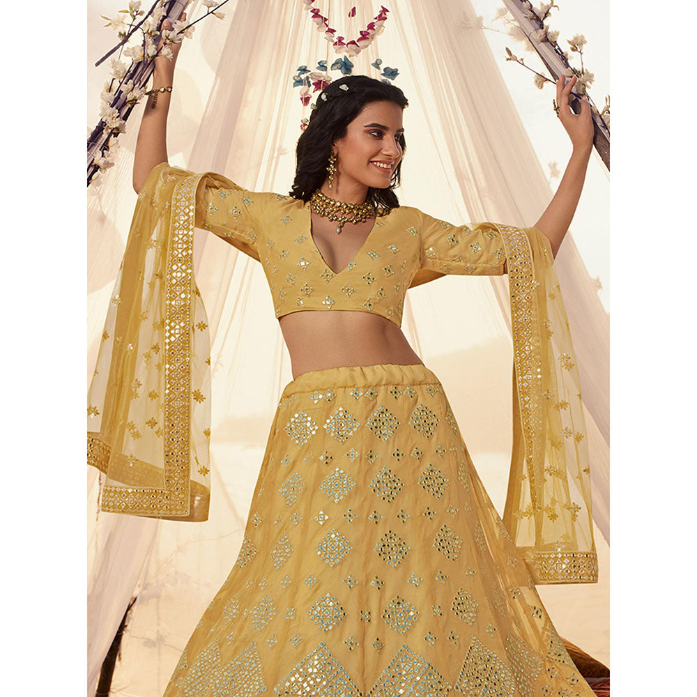 Odette Mustard Embroidered Semi Stitched Lehenga with Unstitched Blouse and Dupatta (Set of 3)