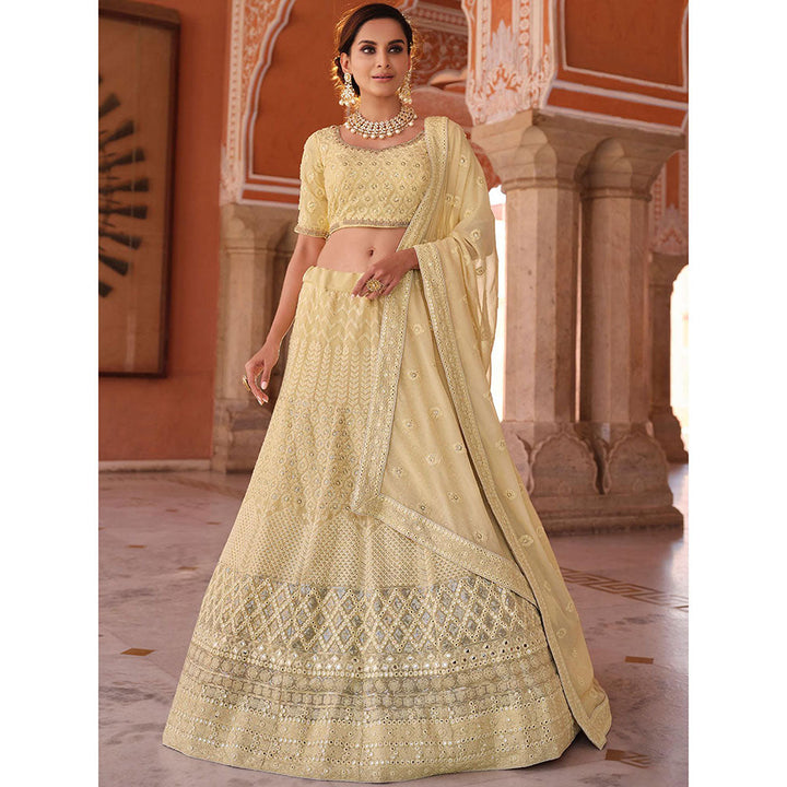 Odette Cream Embroidered Semi Stitched Lehenga with Unstitched Blouse and Dupatta (Set of 3)