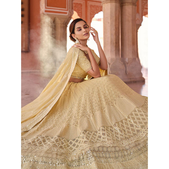 Odette Cream Embroidered Semi Stitched Lehenga with Unstitched Blouse and Dupatta (Set of 3)