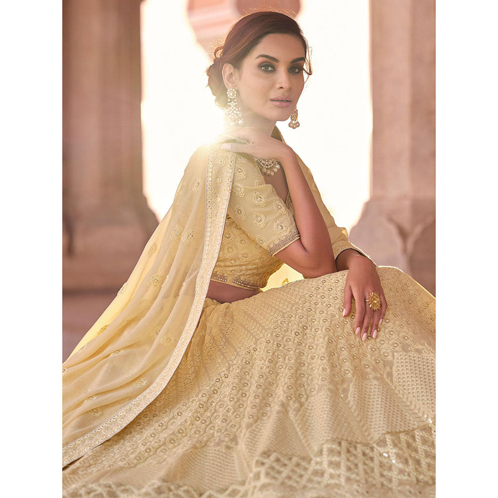 Odette Cream Embroidered Semi Stitched Lehenga with Unstitched Blouse and Dupatta (Set of 3)