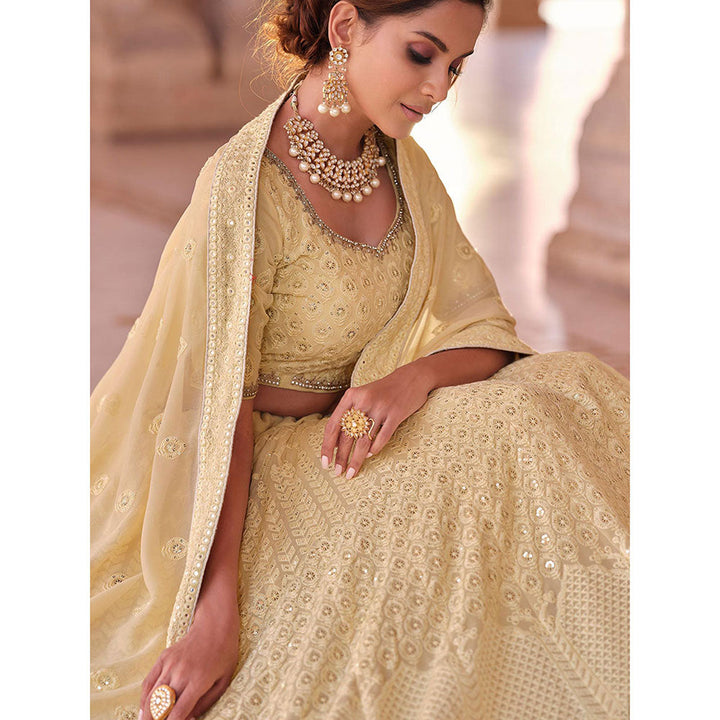 Odette Cream Embroidered Semi Stitched Lehenga with Unstitched Blouse and Dupatta (Set of 3)