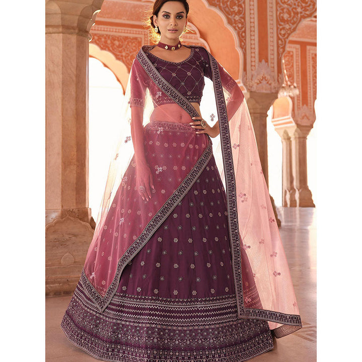 Odette Purple Embroidered Semi Stitched Lehenga with Unstitched Blouse and Dupatta (Set of 3)