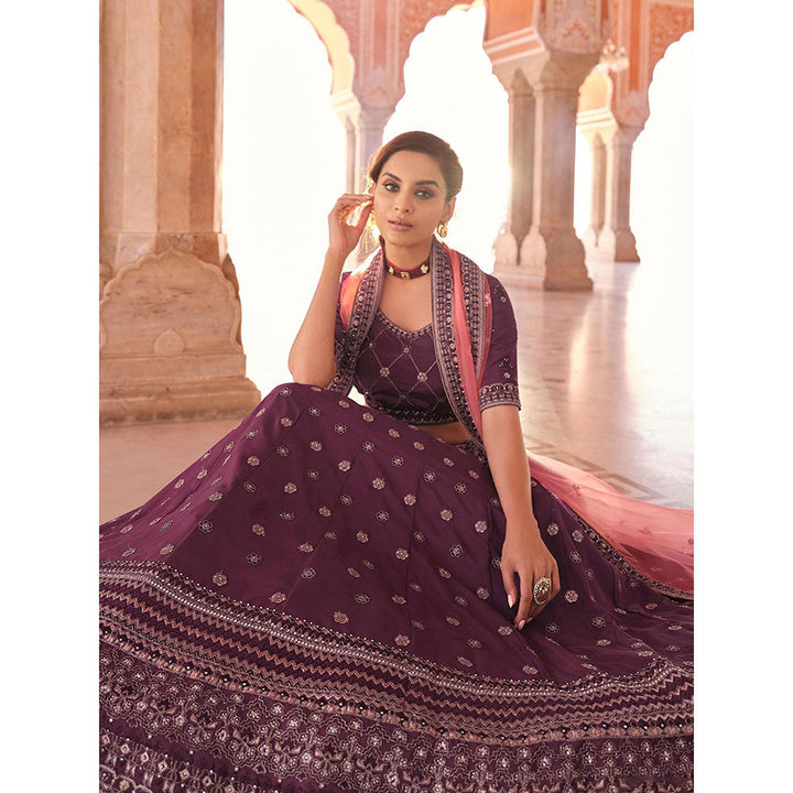 Odette Purple Embroidered Semi Stitched Lehenga with Unstitched Blouse and Dupatta (Set of 3)