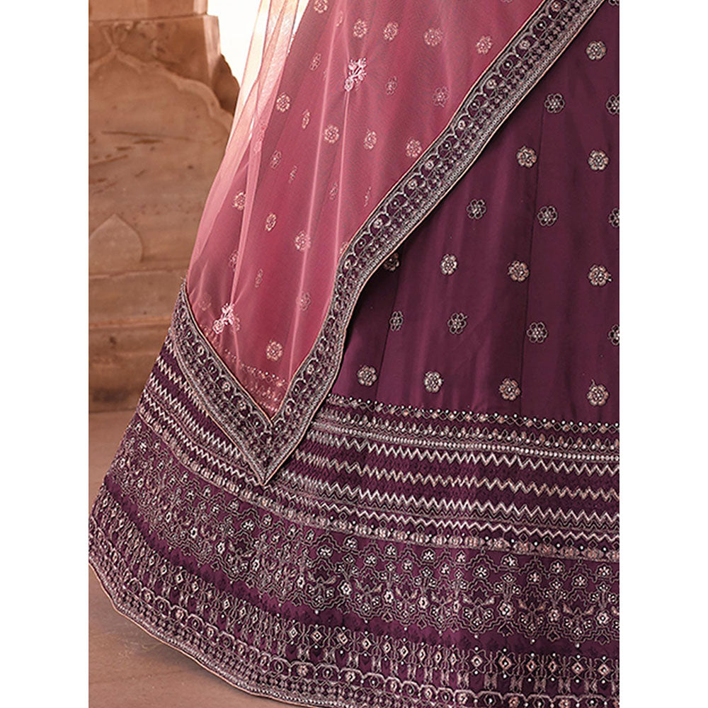 Odette Purple Embroidered Semi Stitched Lehenga with Unstitched Blouse and Dupatta (Set of 3)