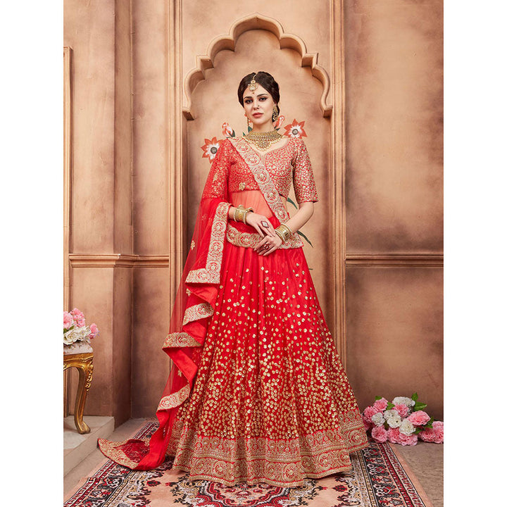 Odette Red Embroidered Net Semi Stitched Lehenga with Unstitched Blouse and Dupatta (Set of 3)