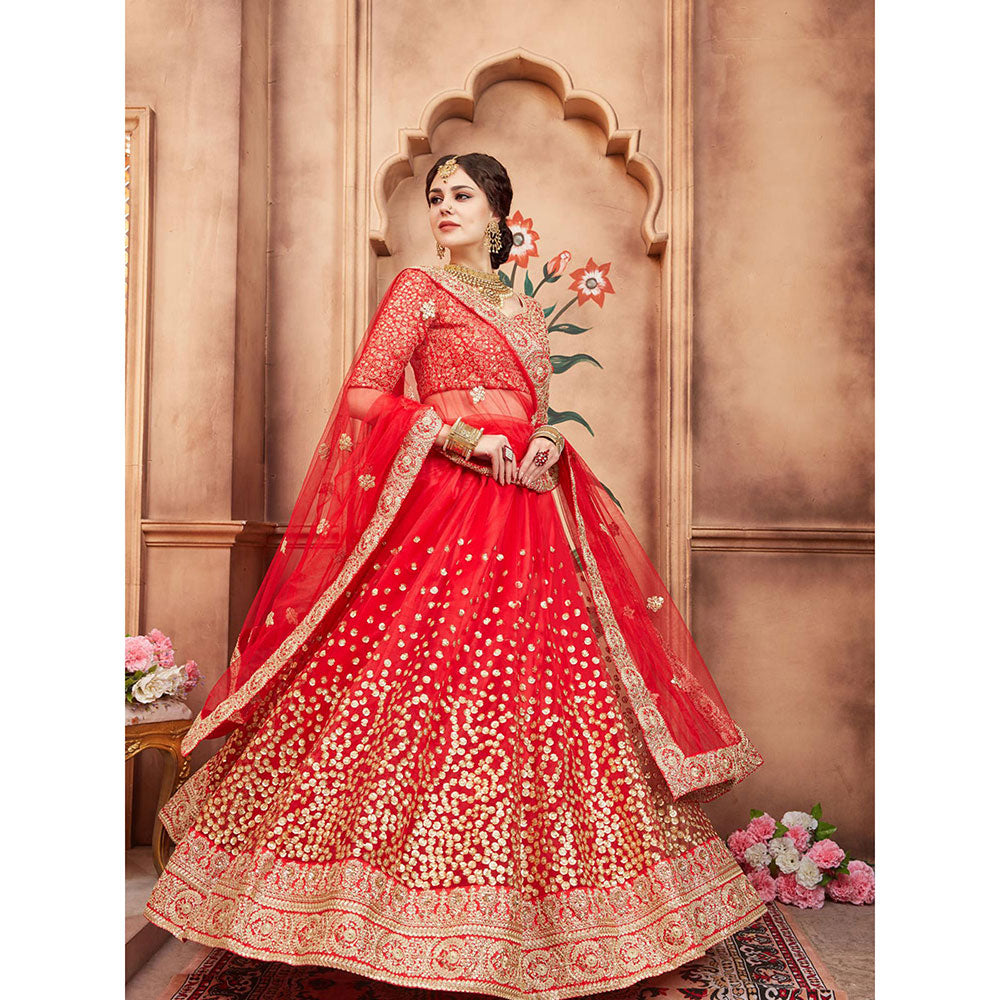 Odette Red Embroidered Net Semi Stitched Lehenga with Unstitched Blouse and Dupatta (Set of 3)