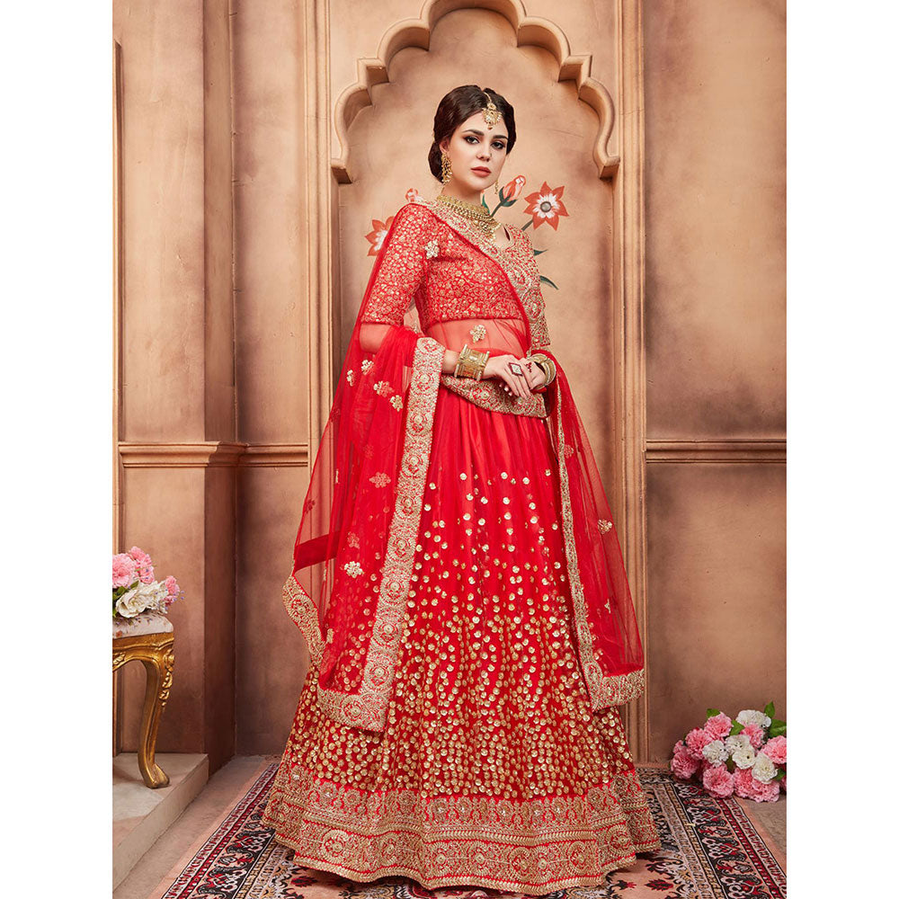 Odette Red Embroidered Net Semi Stitched Lehenga with Unstitched Blouse and Dupatta (Set of 3)