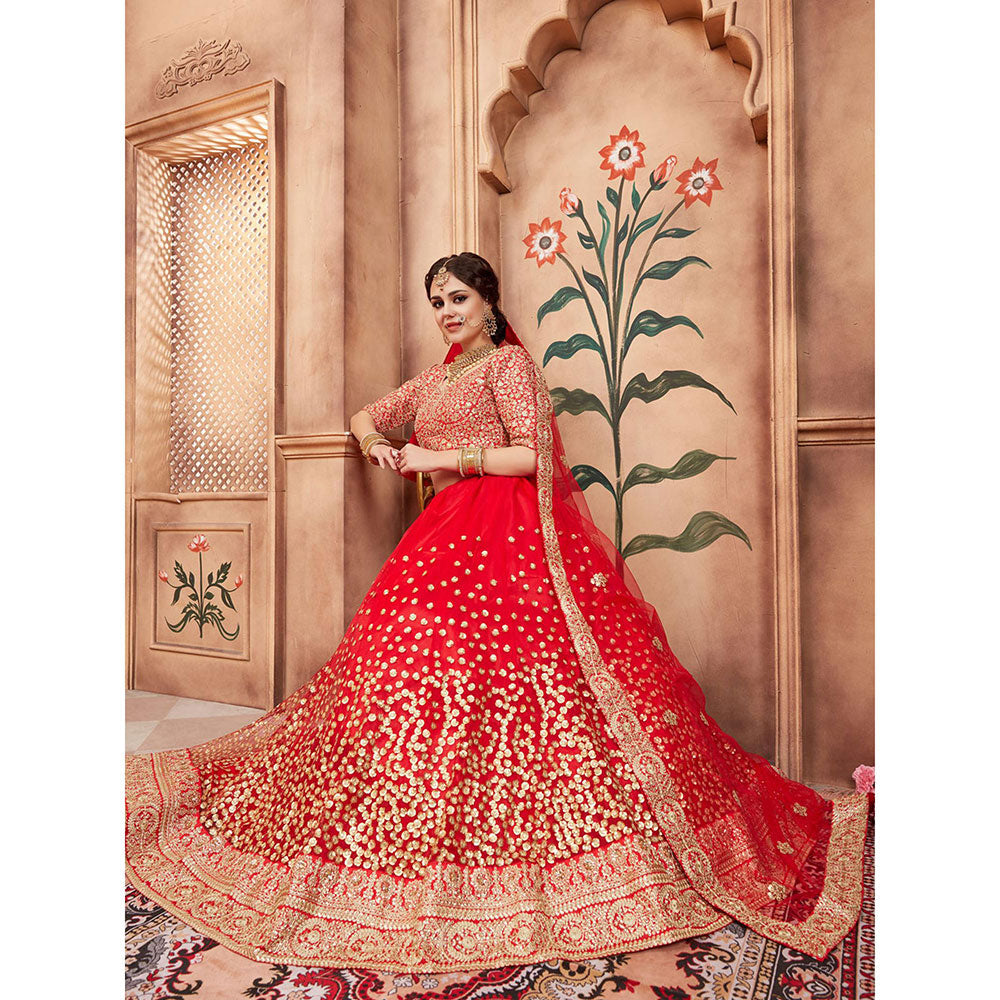 Odette Red Embroidered Net Semi Stitched Lehenga with Unstitched Blouse and Dupatta (Set of 3)