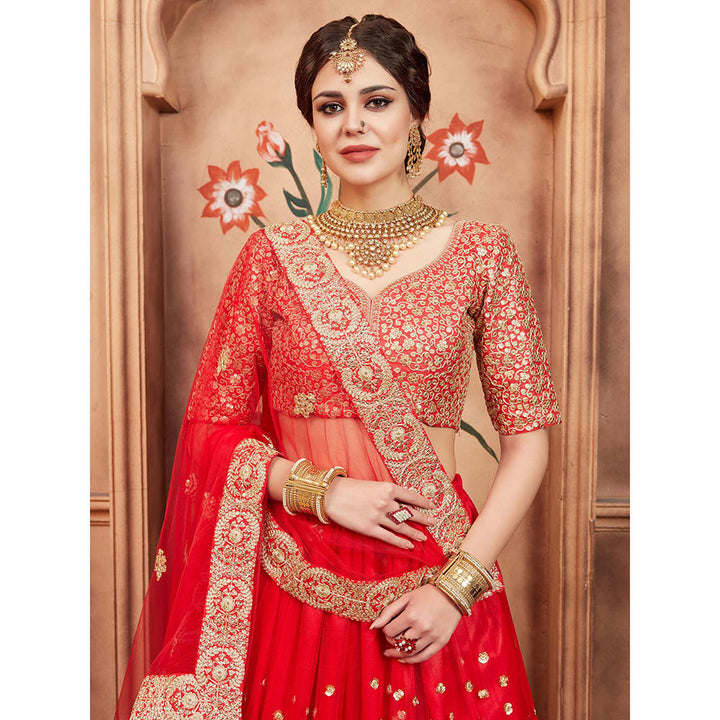 Odette Red Embroidered Net Semi Stitched Lehenga with Unstitched Blouse and Dupatta (Set of 3)