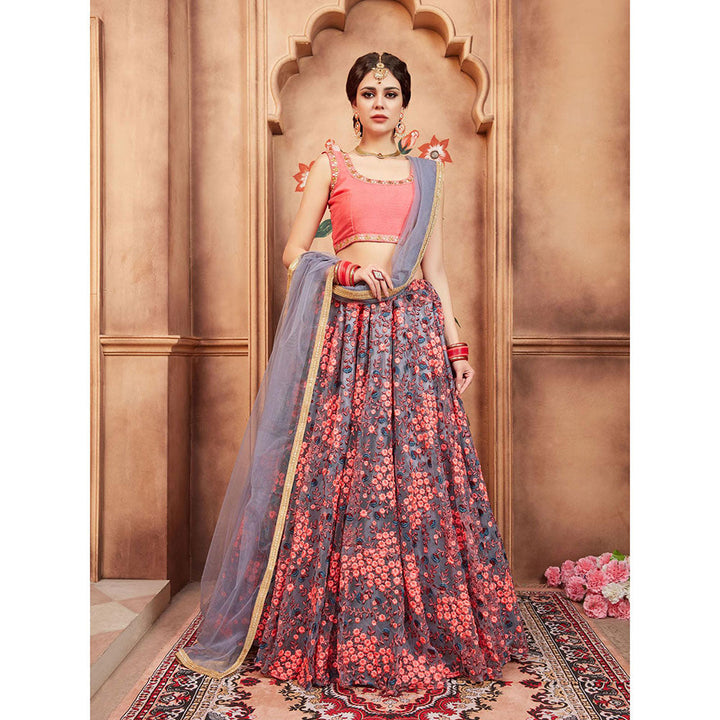 Odette Grey Floral Embroidered Semi Stitched Lehenga with Unstitched Blouse and Dupatta (Set of 3)