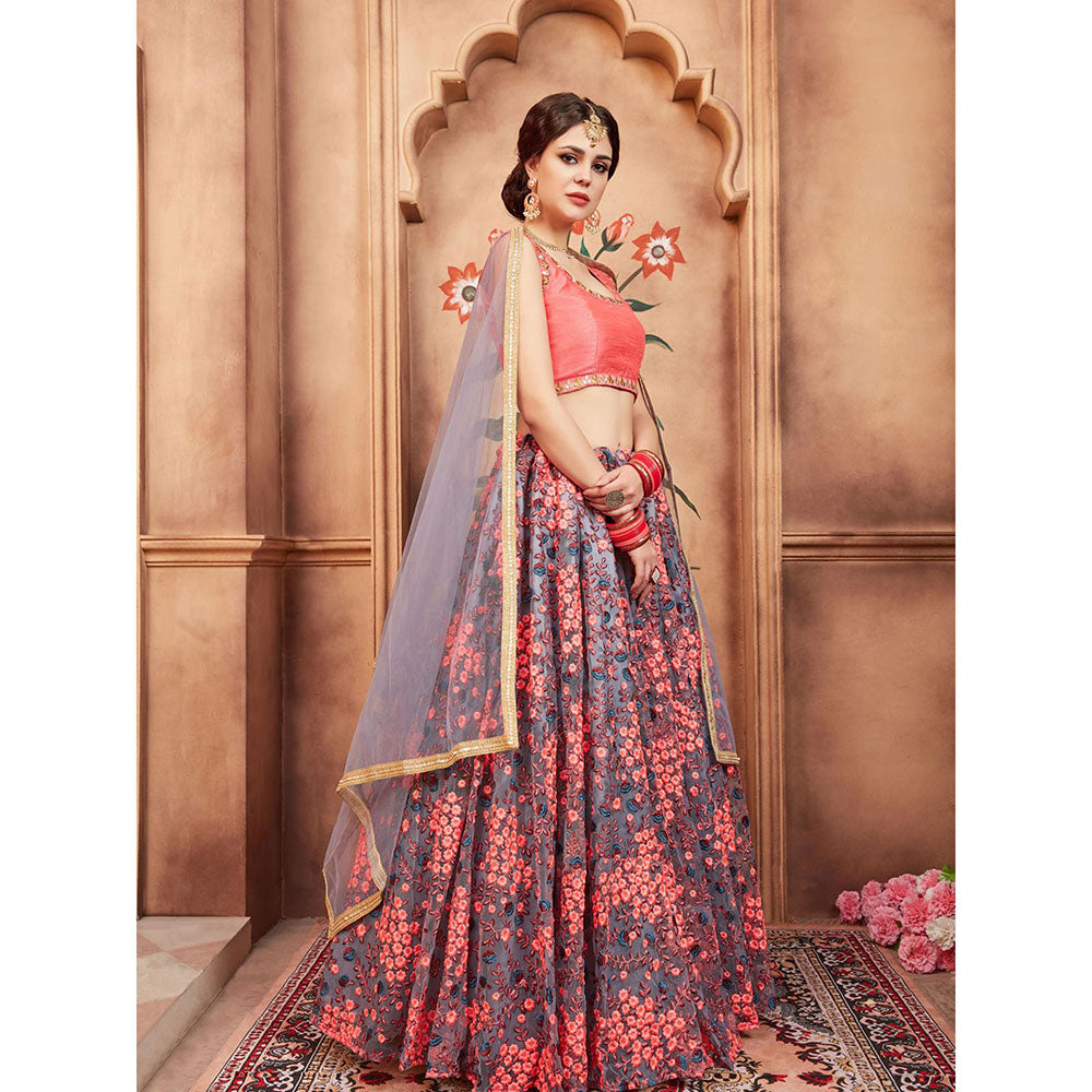 Odette Grey Floral Embroidered Semi Stitched Lehenga with Unstitched Blouse and Dupatta (Set of 3)