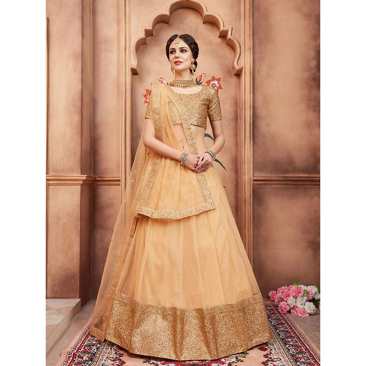 Odette Beige Sequined Net Semi Stitched Lehenga with Unstitched Blouse and Dupatta (Set of 3)