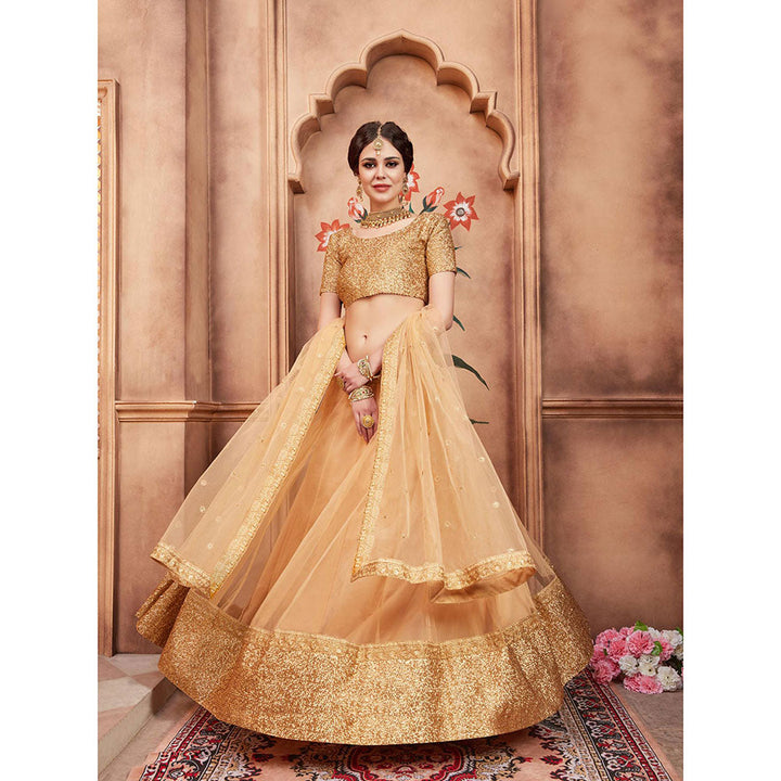 Odette Beige Sequined Net Semi Stitched Lehenga with Unstitched Blouse and Dupatta (Set of 3)