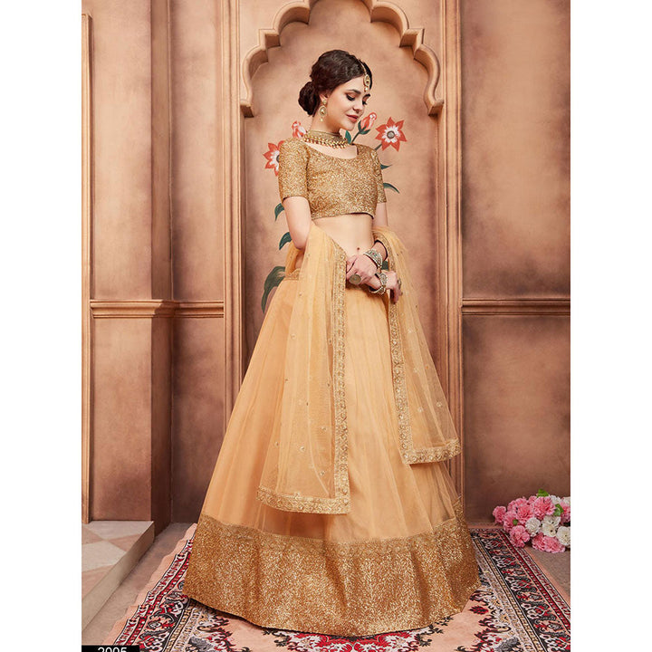 Odette Beige Sequined Net Semi Stitched Lehenga with Unstitched Blouse and Dupatta (Set of 3)