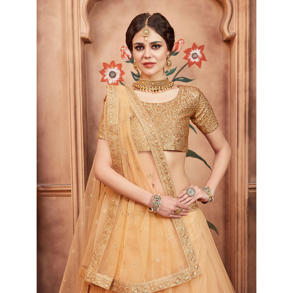 Odette Beige Sequined Net Semi Stitched Lehenga with Unstitched Blouse and Dupatta (Set of 3)