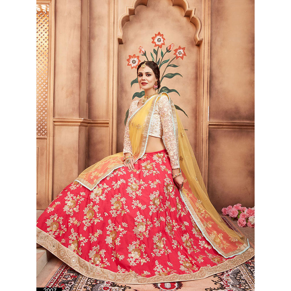 Odette Red Embroidered Semi Stitched Lehenga with Unstitched Blouse and Dupatta (Set of 3)