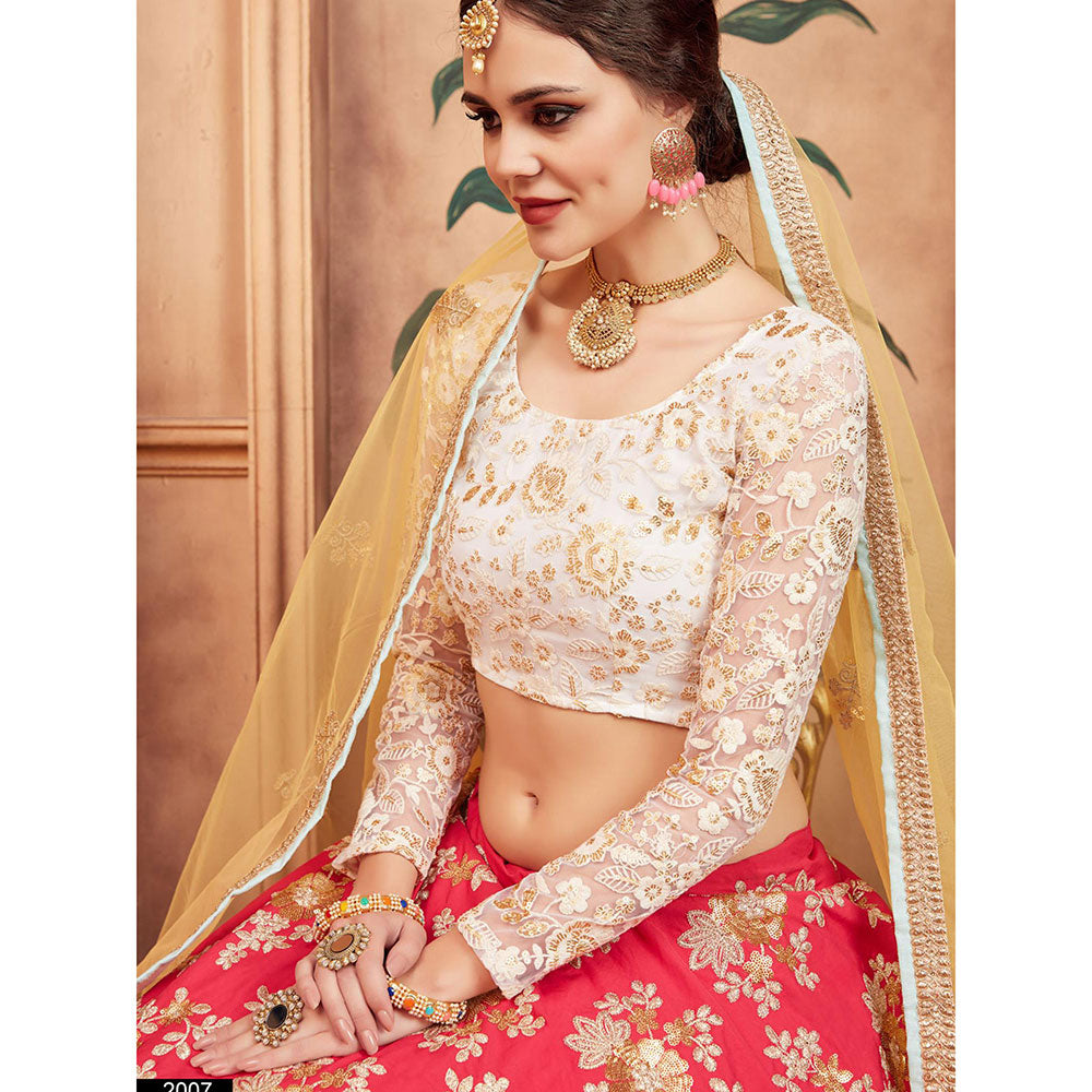 Odette Red Embroidered Semi Stitched Lehenga with Unstitched Blouse and Dupatta (Set of 3)