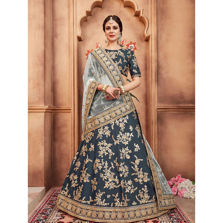 Odette Grey Embroidered Semi Stitched Lehenga with Unstitched Blouse and Dupatta (Set of 3)