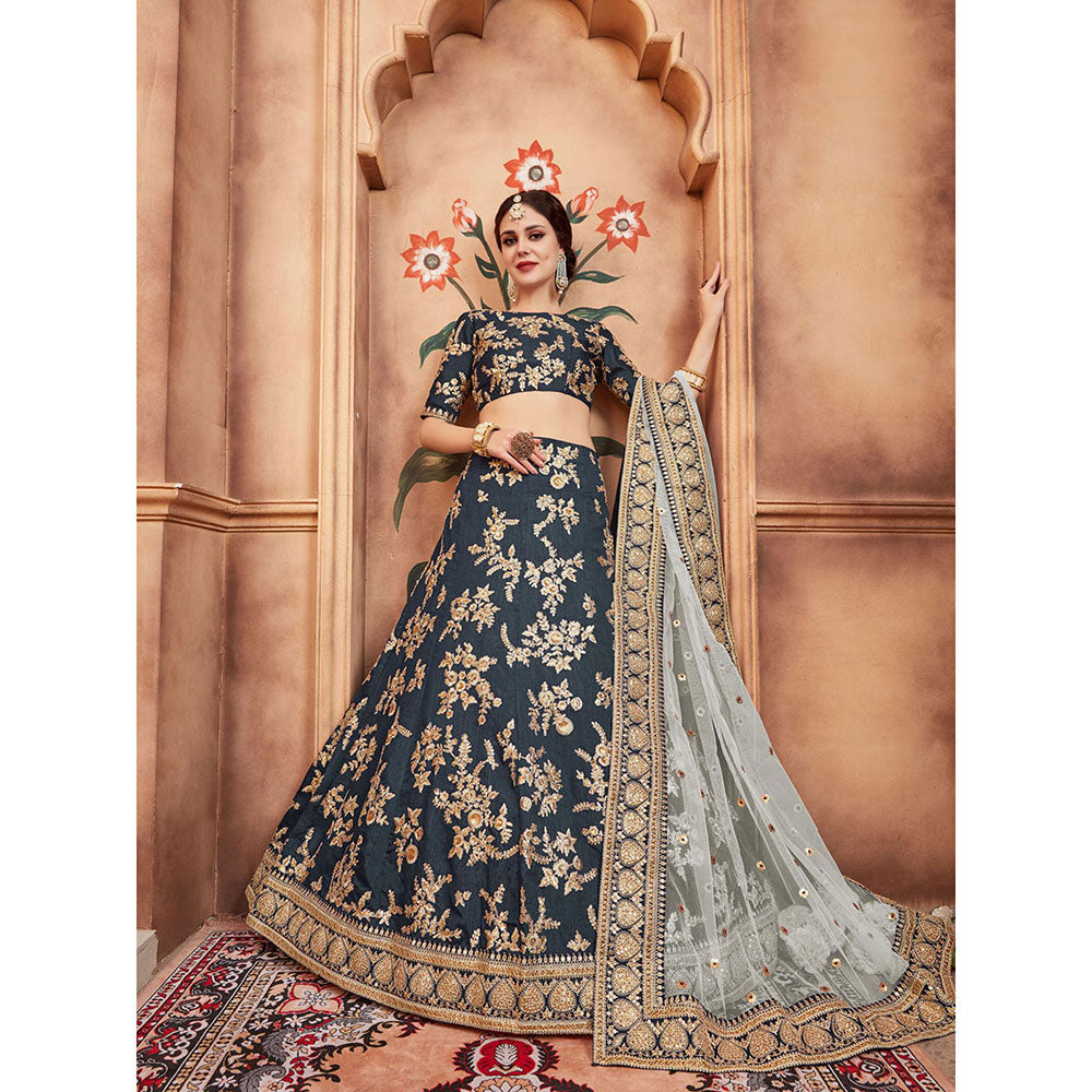 Odette Grey Embroidered Semi Stitched Lehenga with Unstitched Blouse and Dupatta (Set of 3)