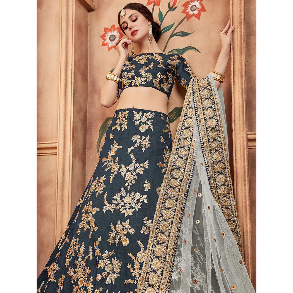 Odette Grey Embroidered Semi Stitched Lehenga with Unstitched Blouse and Dupatta (Set of 3)