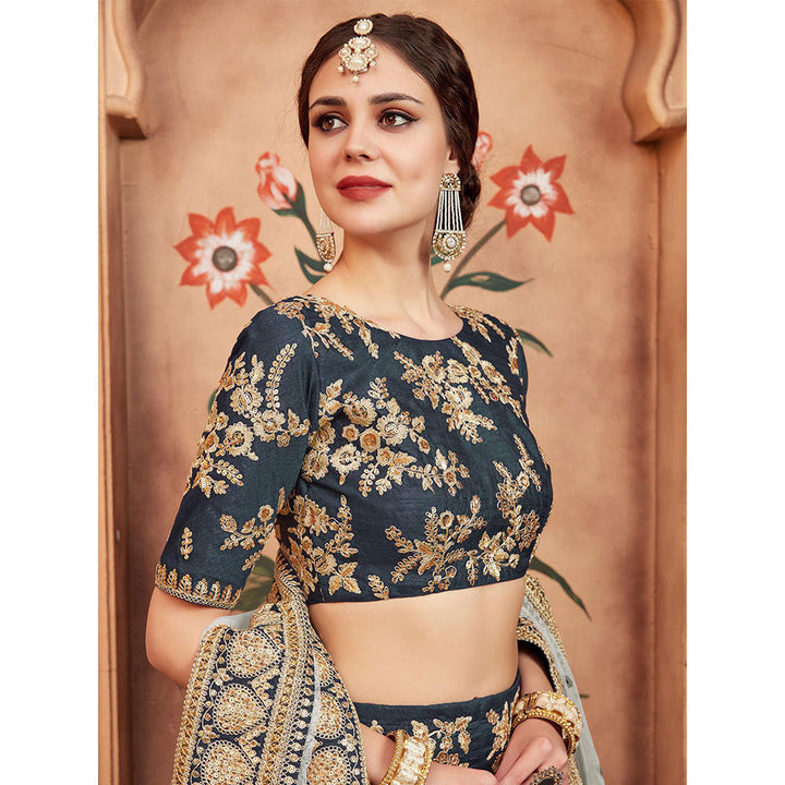 Odette Grey Embroidered Semi Stitched Lehenga with Unstitched Blouse and Dupatta (Set of 3)