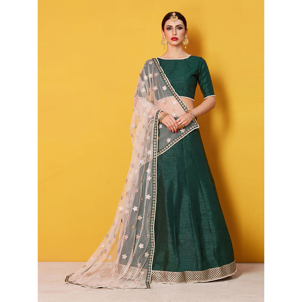 Odette Green Solid Embroidered Semi Stitched Lehenga with Unstitched Blouse and Dupatta (Set of 3)