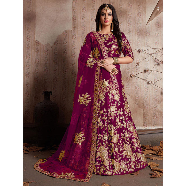 Odette Purple Embroidered Velvet Semi Stitched Lehenga with Unstitched Blouse and Dupatta (Set of 3)