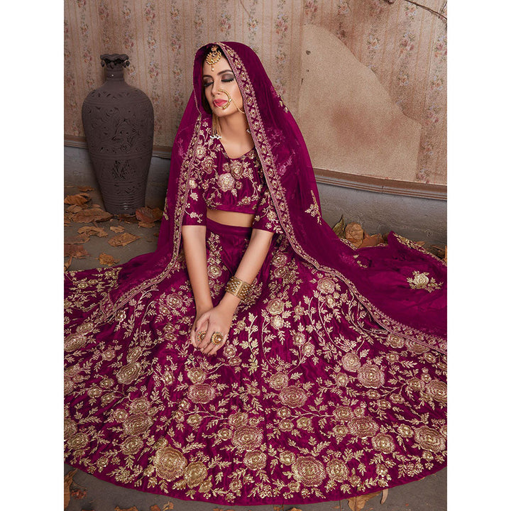 Odette Purple Embroidered Velvet Semi Stitched Lehenga with Unstitched Blouse and Dupatta (Set of 3)