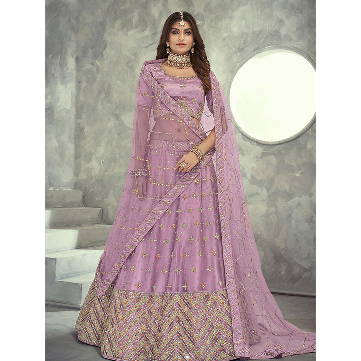 Odette Lavender Embroidered Semi Stitched Lehenga with Unstitched Blouse and Dupatta (Set of 3)