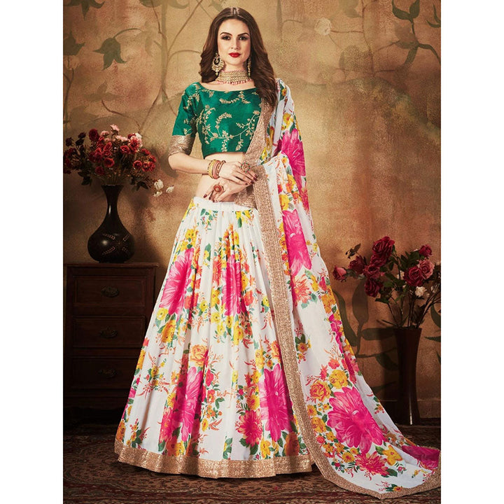 Odette White-Green Printed Semi Stitched Lehenga with Unstitched Blouse and Dupatta (Set of 3)