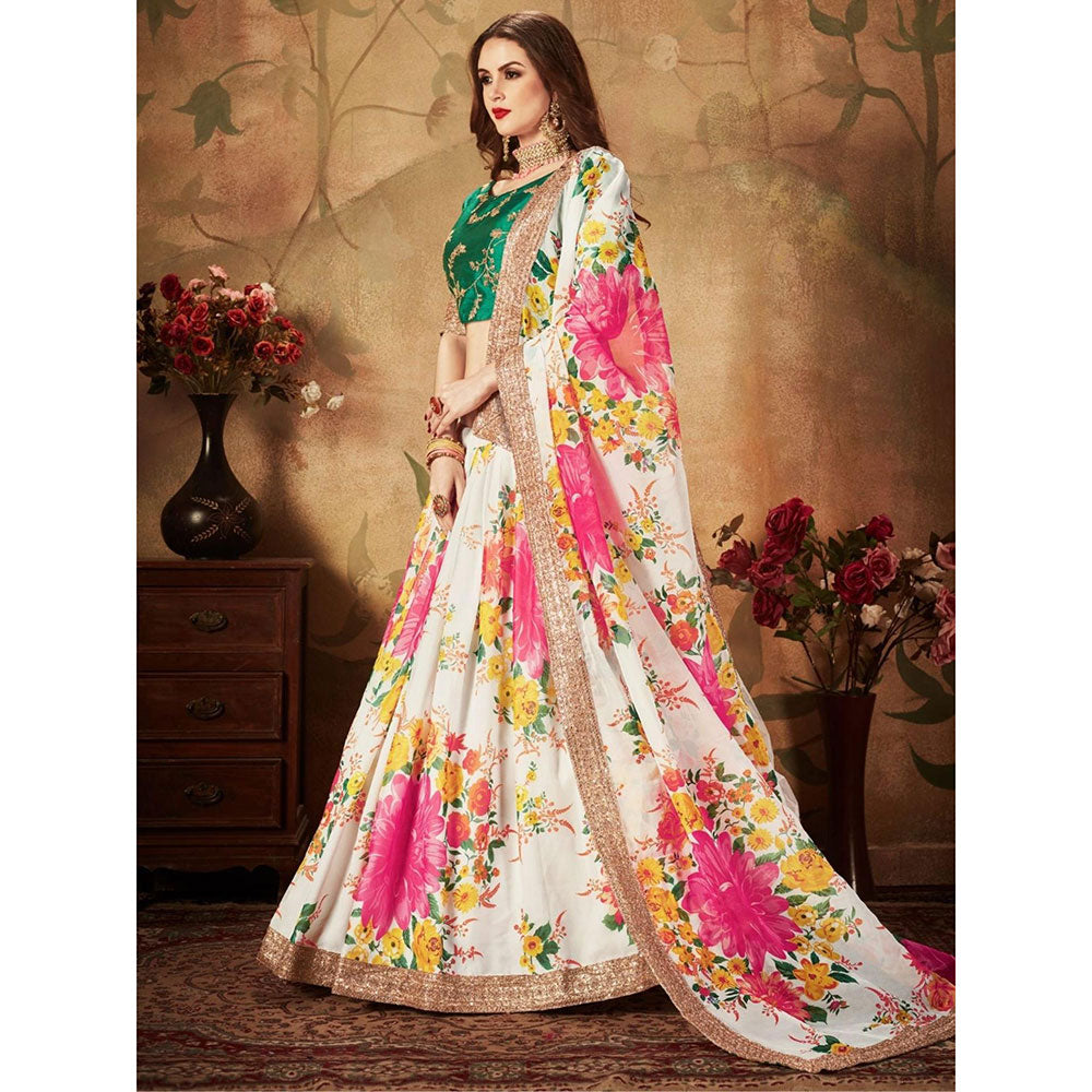 Odette White-Green Printed Semi Stitched Lehenga with Unstitched Blouse and Dupatta (Set of 3)