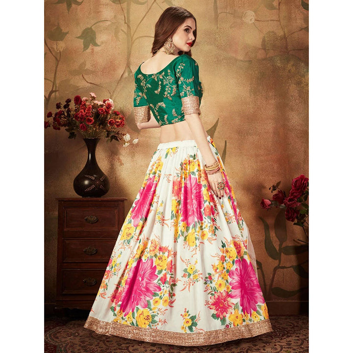 Odette White-Green Printed Semi Stitched Lehenga with Unstitched Blouse and Dupatta (Set of 3)