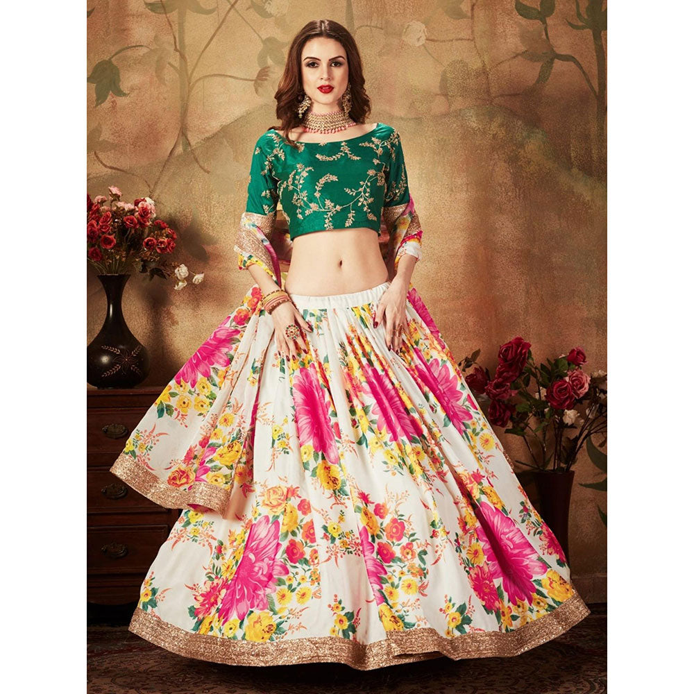 Odette White-Green Printed Semi Stitched Lehenga with Unstitched Blouse and Dupatta (Set of 3)