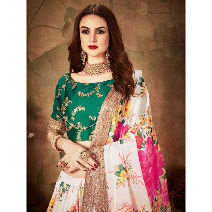 Odette White-Green Printed Semi Stitched Lehenga with Unstitched Blouse and Dupatta (Set of 3)