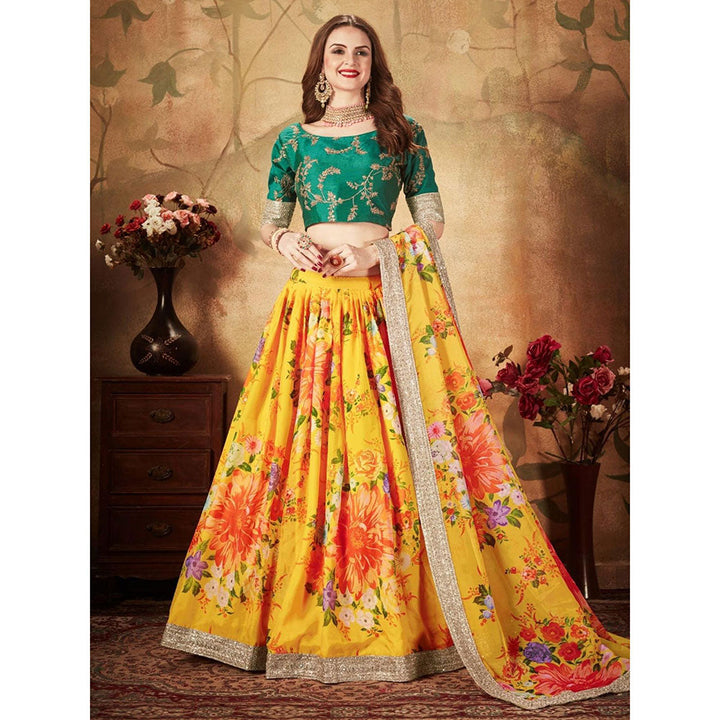 Odette Yellow-Green Printed Semi Stitched Lehenga with Unstitched Blouse and Dupatta (Set of 3)