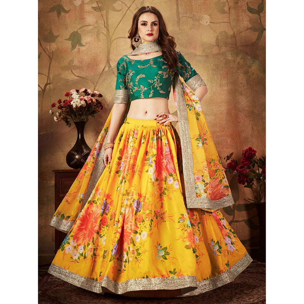 Odette Yellow-Green Printed Semi Stitched Lehenga with Unstitched Blouse and Dupatta (Set of 3)